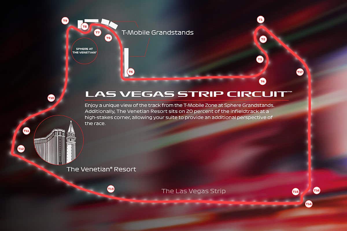 Red outline of the Las Vegas Strip Circuit, similarly shaped to an upside down pig.